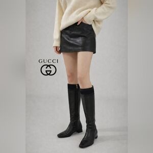 Gucci Boots Knee-High Black Size 9 Leather Upper Silk Linning Low Heels